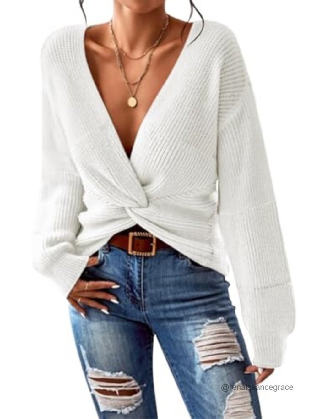 Women's Knit Cropped Twist Front Deep V-Neck Pullover Sweater